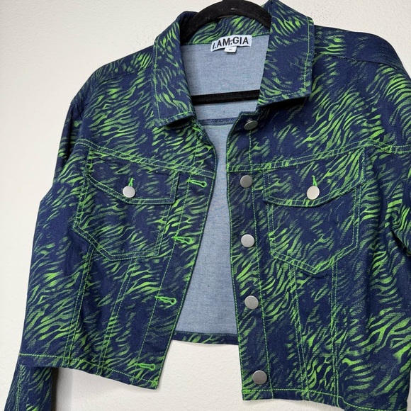 I.AM.GIA Sinead Navy and Green Tiger Cropped Jean Trucker Jacket NWOT - Picture 9 of 15